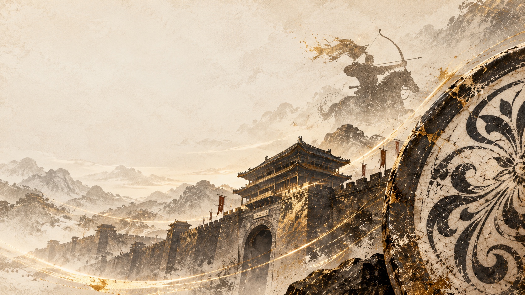 整体诠释《古城未来》的概念视觉缩略图：金墨色调的东方城市图景